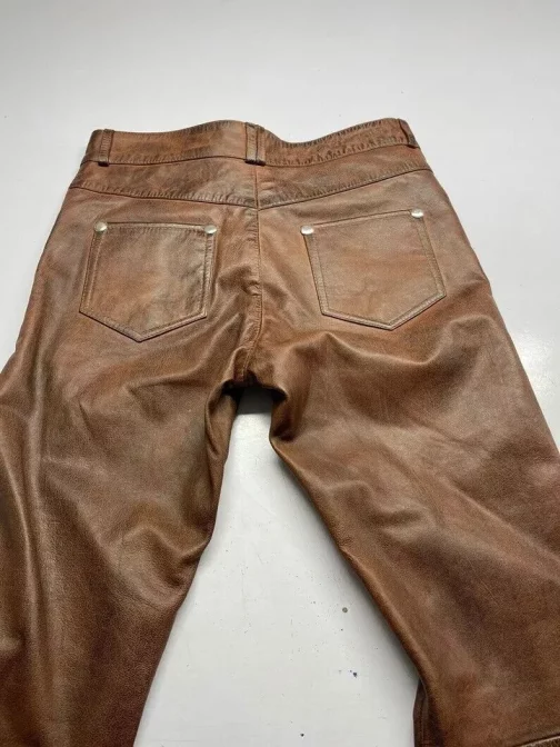 Men's Real Natural Grain Cowhide Vintage 5 Pockets Bikers Pants