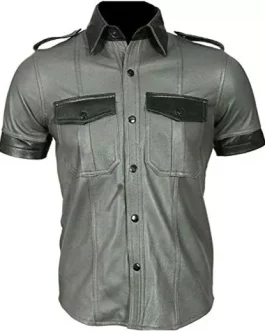 Short Sleeves Leather Shirt for Men Gray/Black BLUF Contrast Trims