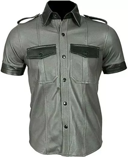 Short Sleeves Leather Shirt for Men Gray/Black BLUF Contrast Trims