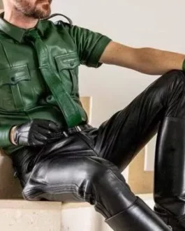 Men's Veg Lamb Leather Police Uniform Army Green Shirt