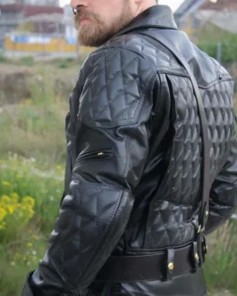 REAL NATURAL COW LEATHER BIKERS QUILTED FRONT & BACK PANELS JACKET