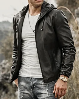 MEN’S REAL NATURAL LAMB LEATHER JACKET WITH HOOD