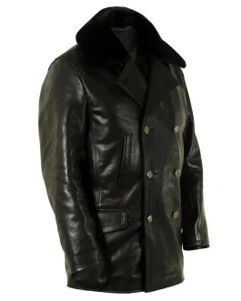 Men’s Classic Leather Pea Coat, Long Jacket