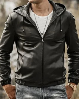 MEN’S REAL NATURAL LAMB LEATHER JACKET WITH HOOD