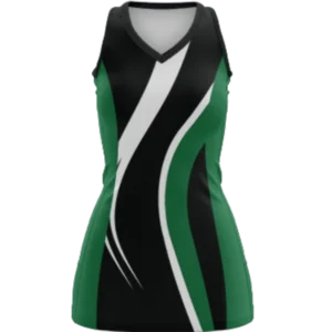 Fusion netball dress in black, green, and white Dip Wear design, professional athletic gear for players