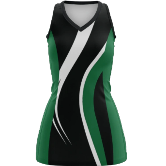 Fusion Netball Dress – Black, Green & White Dip Wear 1 Fusion netball dress in black, green, and white Dip Wear design, professional athletic gear for players