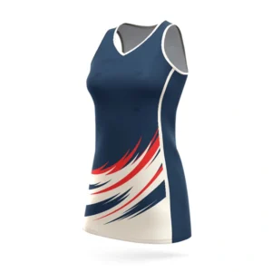 Momentum netball uniform in navy, red, and white Dip Wear design, professional athletic gear for players