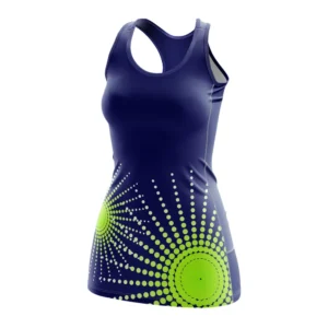 Radiance netball tank in navy, green, and white Dip Wear design, professional athletic gear for players