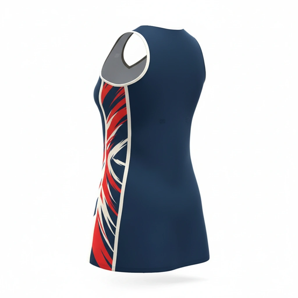Momentum Netball Uniform – Navy, Red & White Dip Wear 2 Momentum netball uniform in navy, red, and white Dip Wear design, professional athletic gear for players