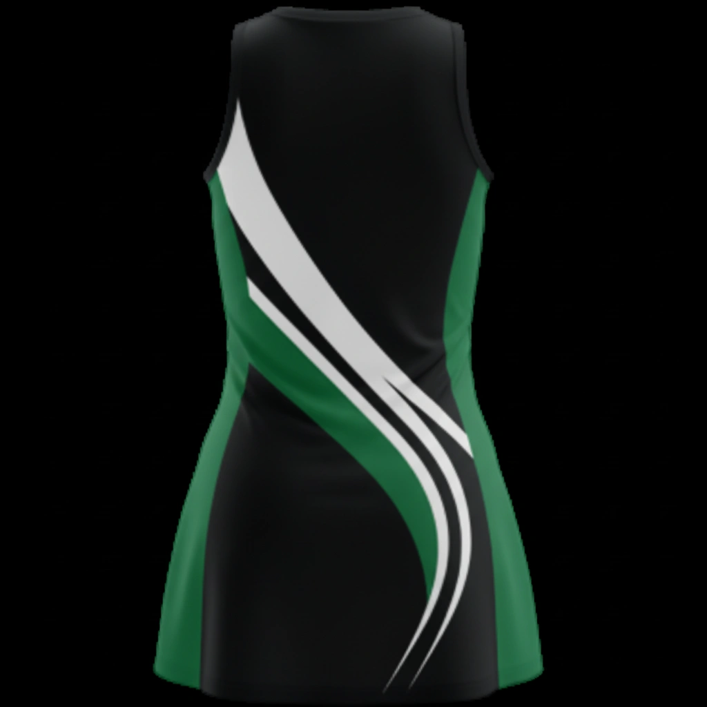 Fusion Netball Dress – Black, Green & White Dip Wear 2 Fusion netball dress in black, green, and white Dip Wear design, professional athletic gear for players