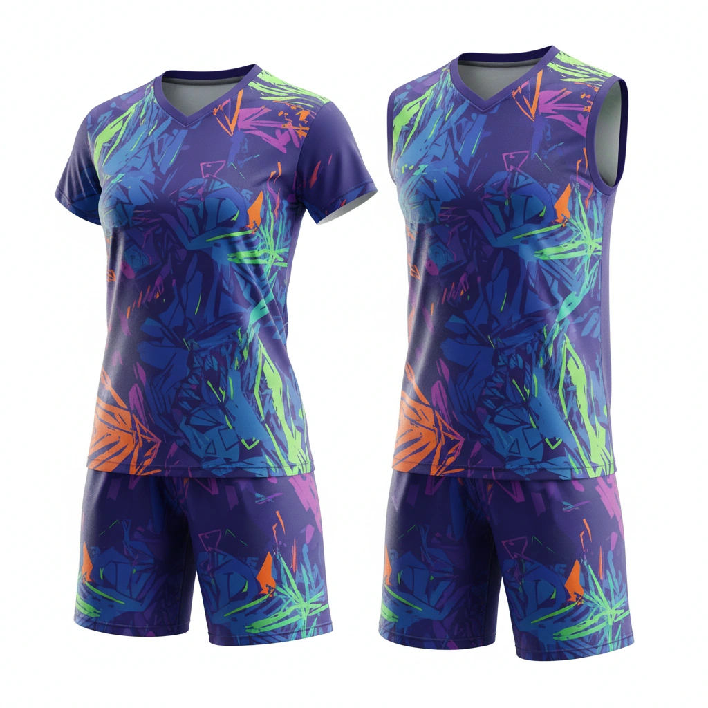 Pulse Volleyball Uniform Set – Multicolor Abstract Dip Wear 1 Pulse volleyball uniform set in multicolor abstract Dip Wear design, professional athletic gear for players