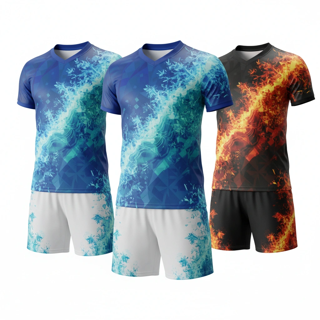 Elemental Volleyball Uniform Set – Ice & Fire Dip Wear 1 Elemental volleyball uniform set in ice and fire Dip Wear design, professional athletic gear for players