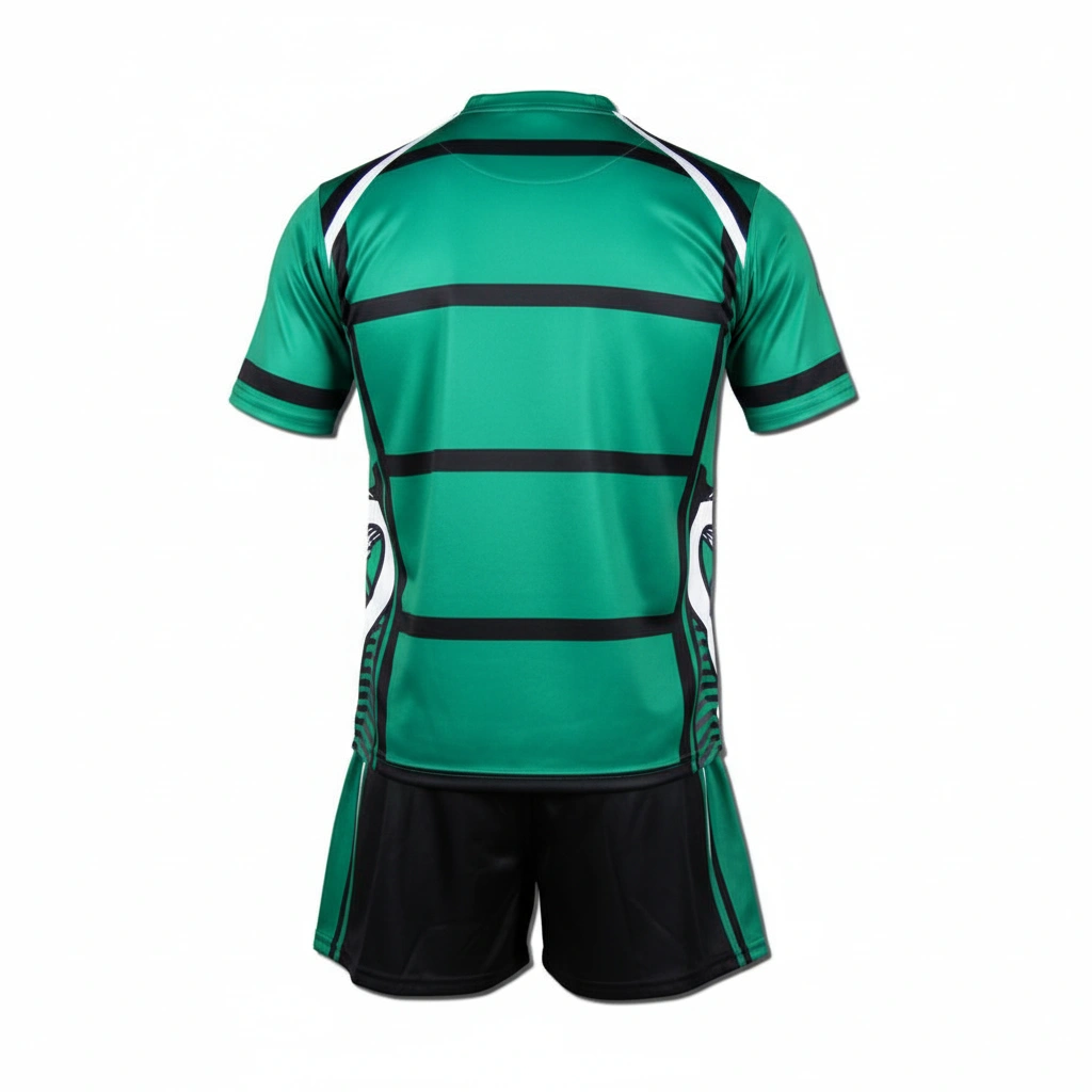 Shell Rugby Uniform – Green, Black & White Dip Wear 2 Shell rugby uniform in green, black, and white Dip Wear design, professional athletic gear for players