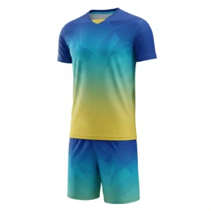 Spectrum volleyball uniform set in blue, green, and yellow Dip Wear design, professional athletic gear for players