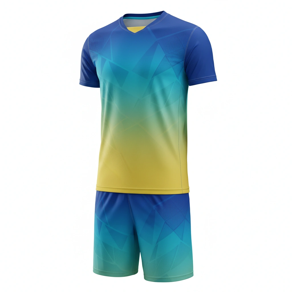 Spectrum Volleyball Uniform Set – Blue Green Yellow Dip Wear 1 Spectrum volleyball uniform set in blue, green, and yellow Dip Wear design, professional athletic gear for players