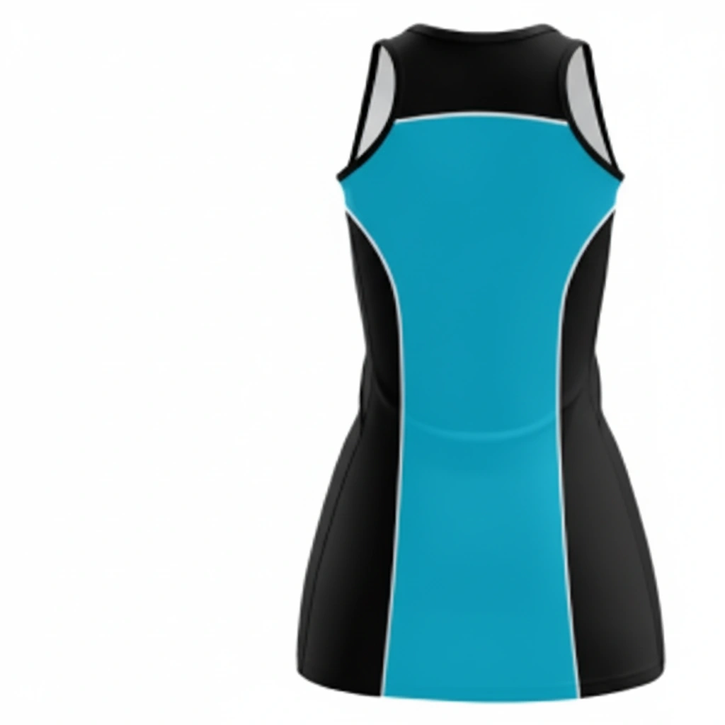 Contour Netball Dress – Turquoise, Black & Blue Dip Wear 2 Contour netball dress in turquoise, black, and white Dip Wear design, professional athletic gear for players