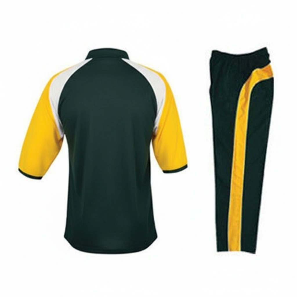 Elite Cricket Uniform – Green, Yellow & White Dip Wear 2 Elite cricket uniform in green, yellow, and white Dip Wear design, professional athletic gear for players