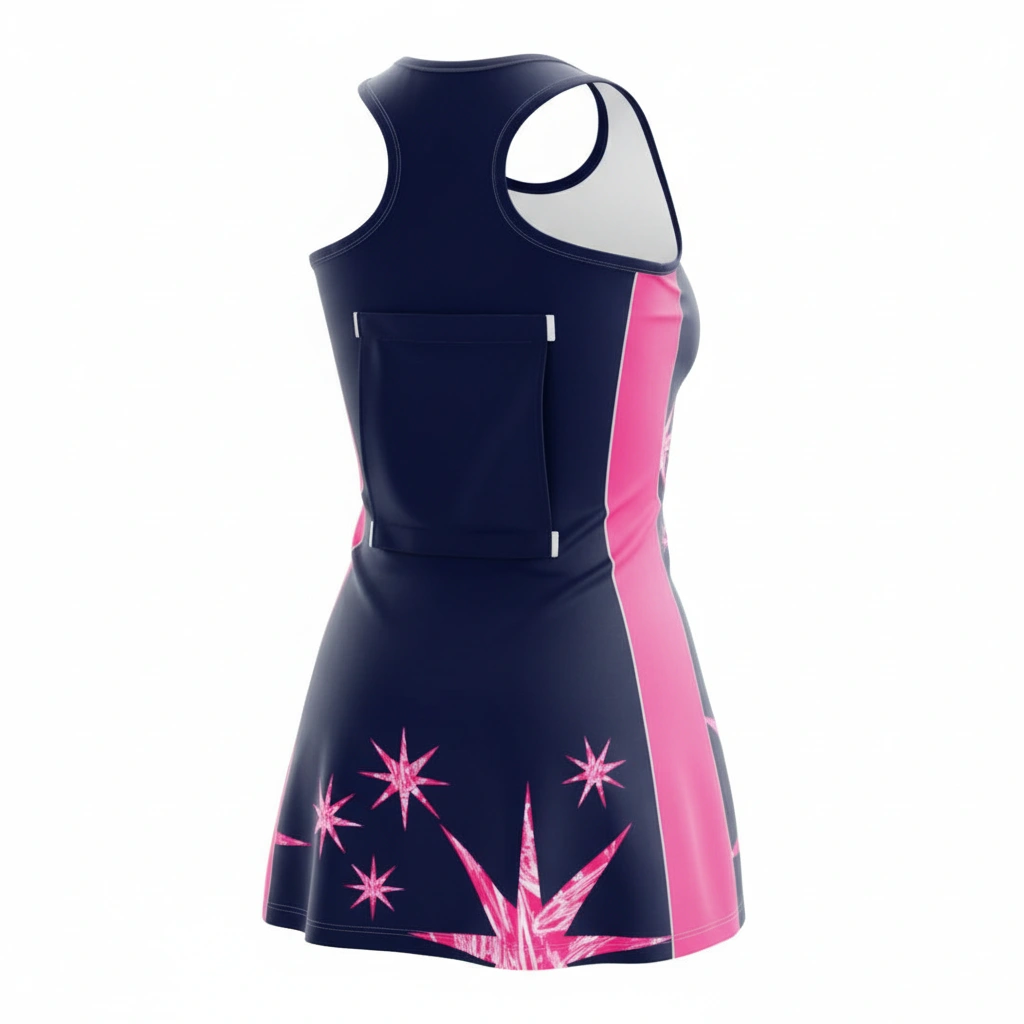 Nova Netball Dress – Navy & Pink Dip Wear 2 Nova netball dress in navy and pink Dip Wear design, professional athletic gear for players