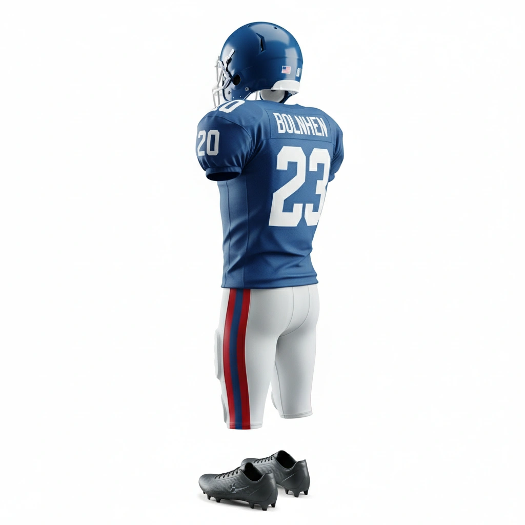 Elite American Football Uniform – Blue Jersey & White Padded Pants | Custom Team Kit | Dip Wear 2 American football uniform with blue jersey and white padded pants, custom team kit by Dip Wear