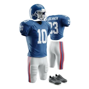 American football uniform with blue jersey and white padded pants, custom team kit by Dip Wear