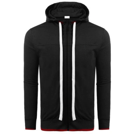 Midnight Edge Hoodie – Black Zip-Up with Red Trim 1 Black casual pullover hoodie with relaxed fit