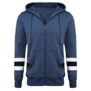 Blue casual hooded zip-up fleece hoodie