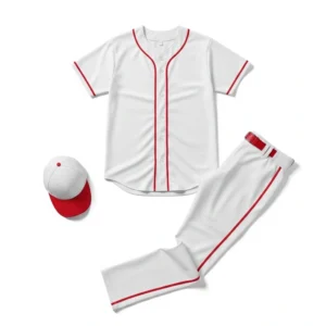 Red baseball uniform front view, athletic sportswear set for men