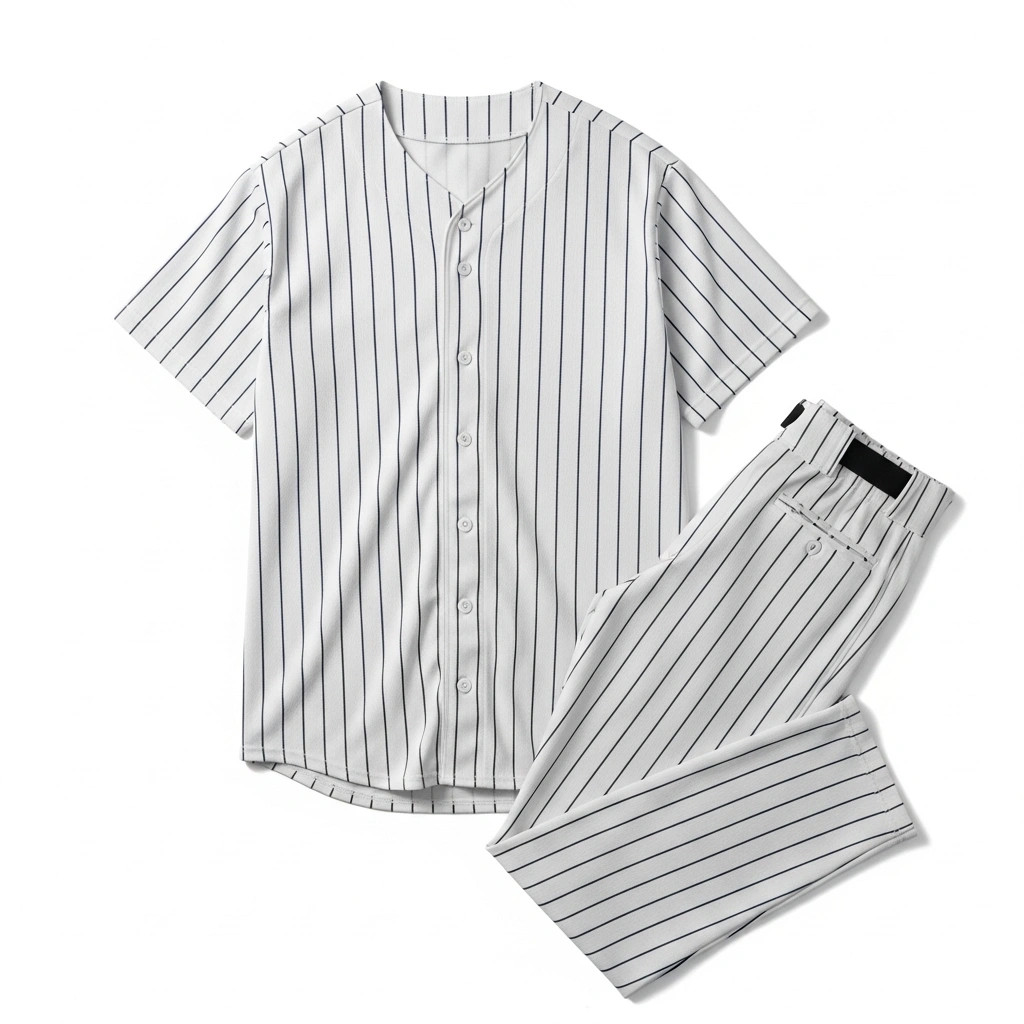 Classic Stripe Baseball Kit – Simple Game Edition 1 White baseball uniform front view, classic athletic sportswear set for men