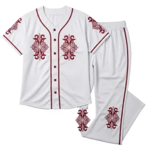 Maroon baseball uniform front view with embroidery design, athletic sportswear set