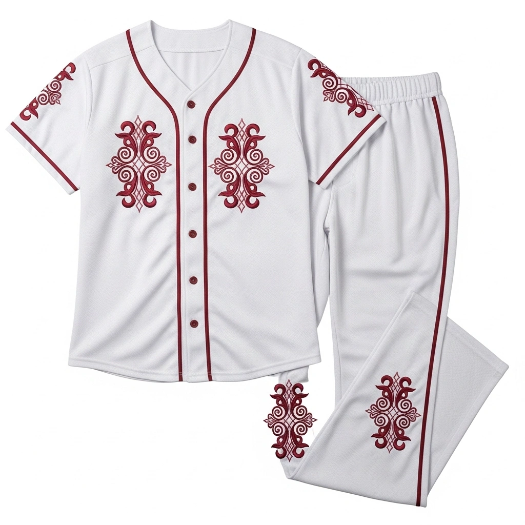 Maroon Crest Baseball Kit – Embroidered Heritage Edition 1 Maroon baseball uniform front view with embroidery design, athletic sportswear set