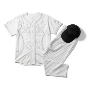 Light-colored baseball uniform front view with embroidery design, athletic sportswear set