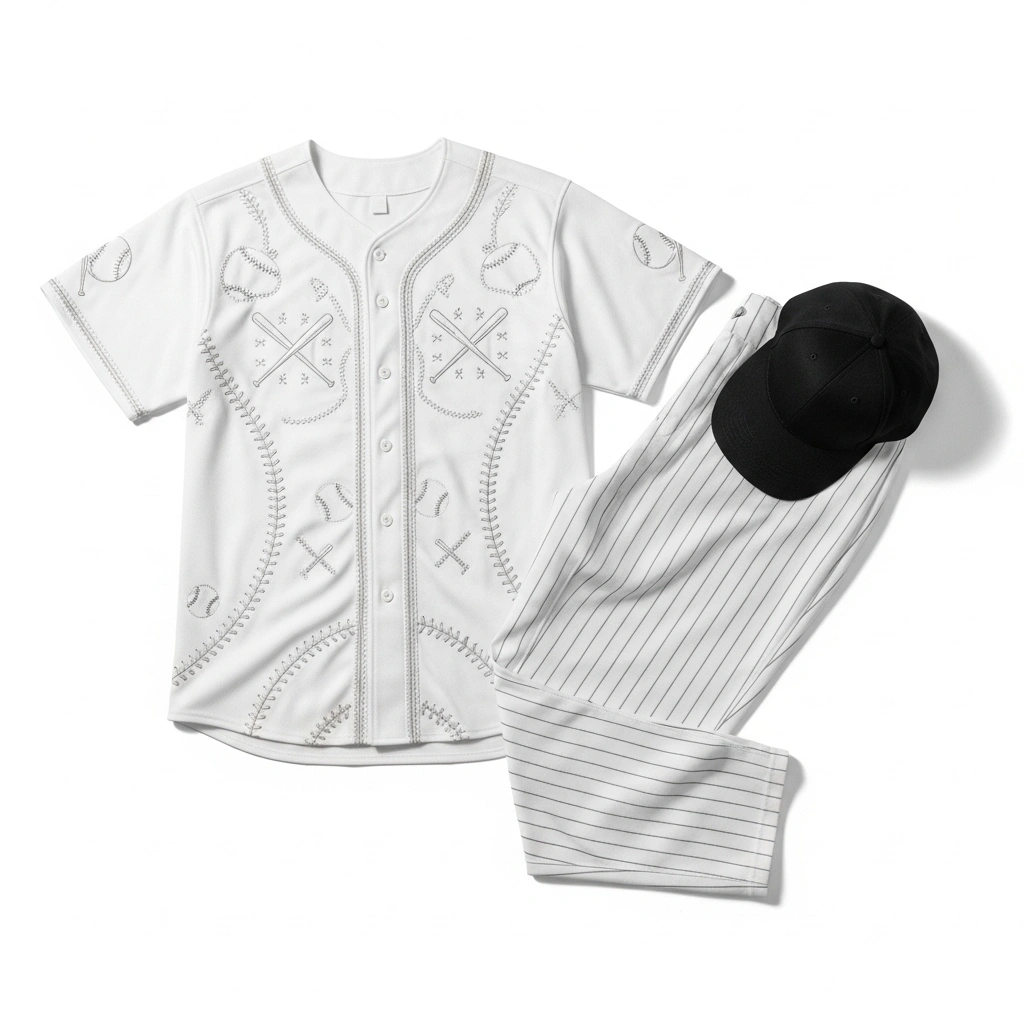 Heritage Icons Baseball Kit – Embroidered Symbol Edition 1 Light-colored baseball uniform front view with embroidery design, athletic sportswear set