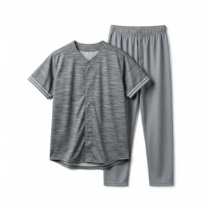 Gray baseball uniform front view with sublimation design, athletic sportswear set