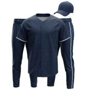 Navy blue baseball uniform front view with sublimation design, athletic sportswear set