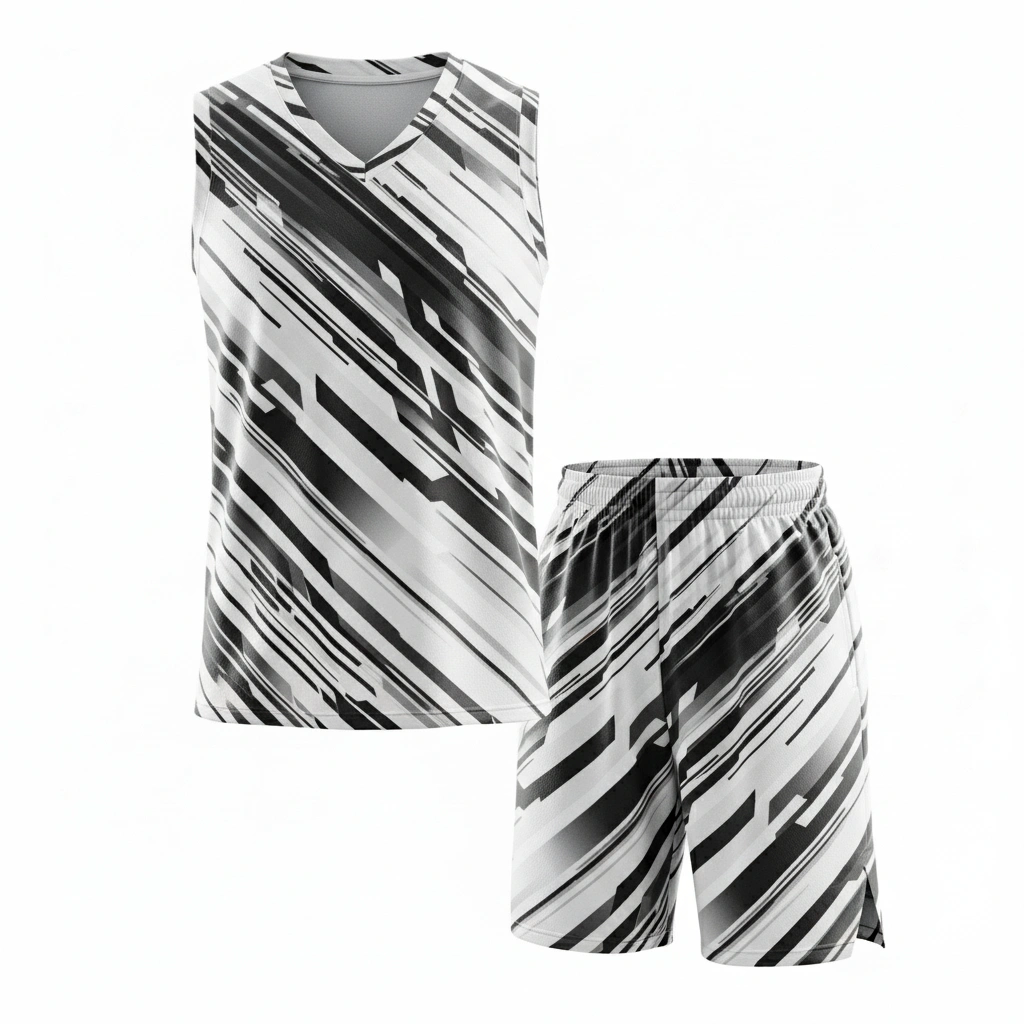 Monochrome Motion Basketball Kit – Sublimated Precision Edition 1 White and black basketball tracksuit with sublimation design, front side view