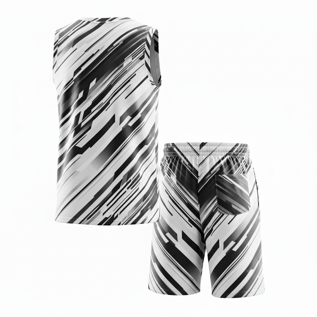 Monochrome Motion Basketball Kit – Sublimated Precision Edition 2 White and black basketball tracksuit with sublimation design, front side view