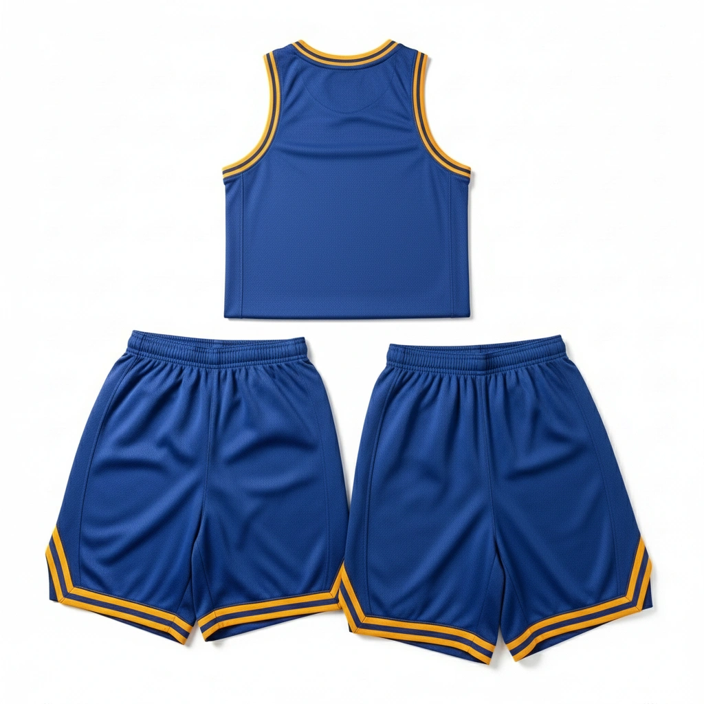 Skyline Slam Basketball Kit – Blue & Gold Edition 2 Blue basketball uniform with golden lines design, athletic sportswear set