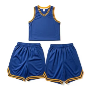 Blue basketball uniform with golden lines design, athletic sportswear set