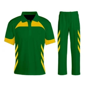 Vibrant cricket uniform in green and yellow Dip Wear design, professional athletic gear for players