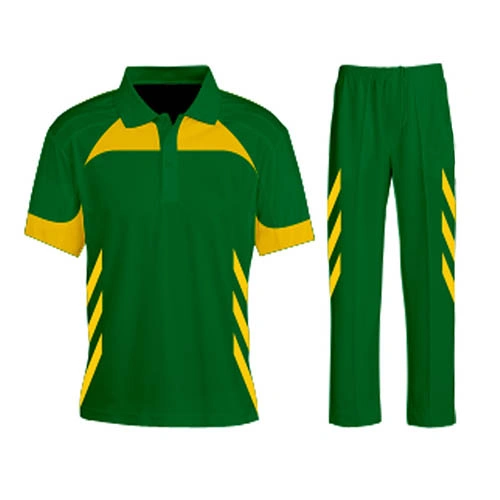 Vibrant Cricket Uniform – Green & Yellow Dip Wear 1 Vibrant cricket uniform in green and yellow Dip Wear design, professional athletic gear for players