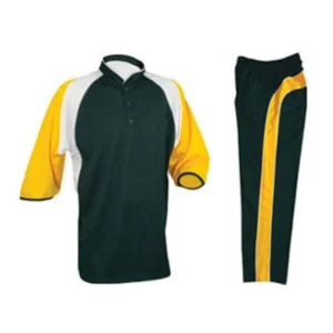 Elite cricket uniform in green, yellow, and white Dip Wear design, professional athletic gear for players