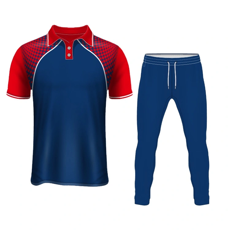 Pro Cricket Uniform – Blue, Red & White Dip Wear 1 Pro cricket uniform in blue, red, and white Dip Wear design, professional athletic gear for players