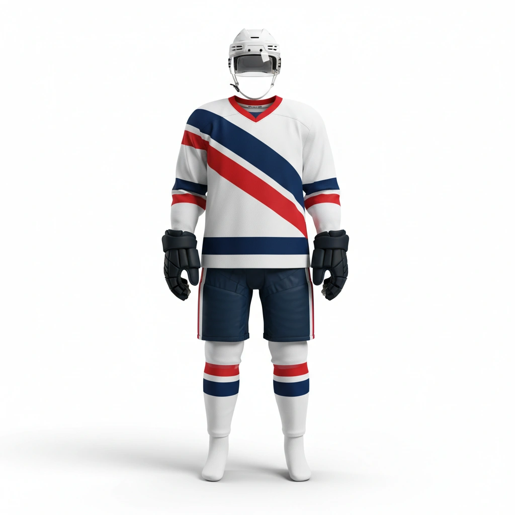 Ice Hockey Uniform – White Tricolor Series 1 Ice hockey uniform White Tricolor Series in team colors, professional athletic gear for players