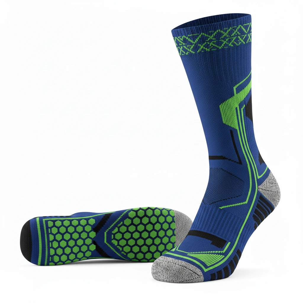 Performance Grip Socks – Blue HexTraction 2 Performance grip socks in blue HexTraction design, non-slip athletic wear for training and sports