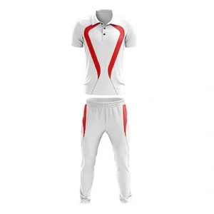 Dynamic white cricket uniform with red accents Dip Wear design, professional athletic gear for players