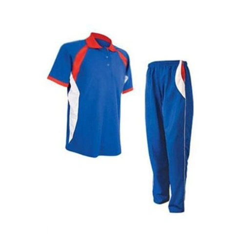 Team Cricket Uniform Set – Blue, Red Dip Wear 1 Team cricket uniform set in blue and red Dip Wear design, professional athletic gear for players