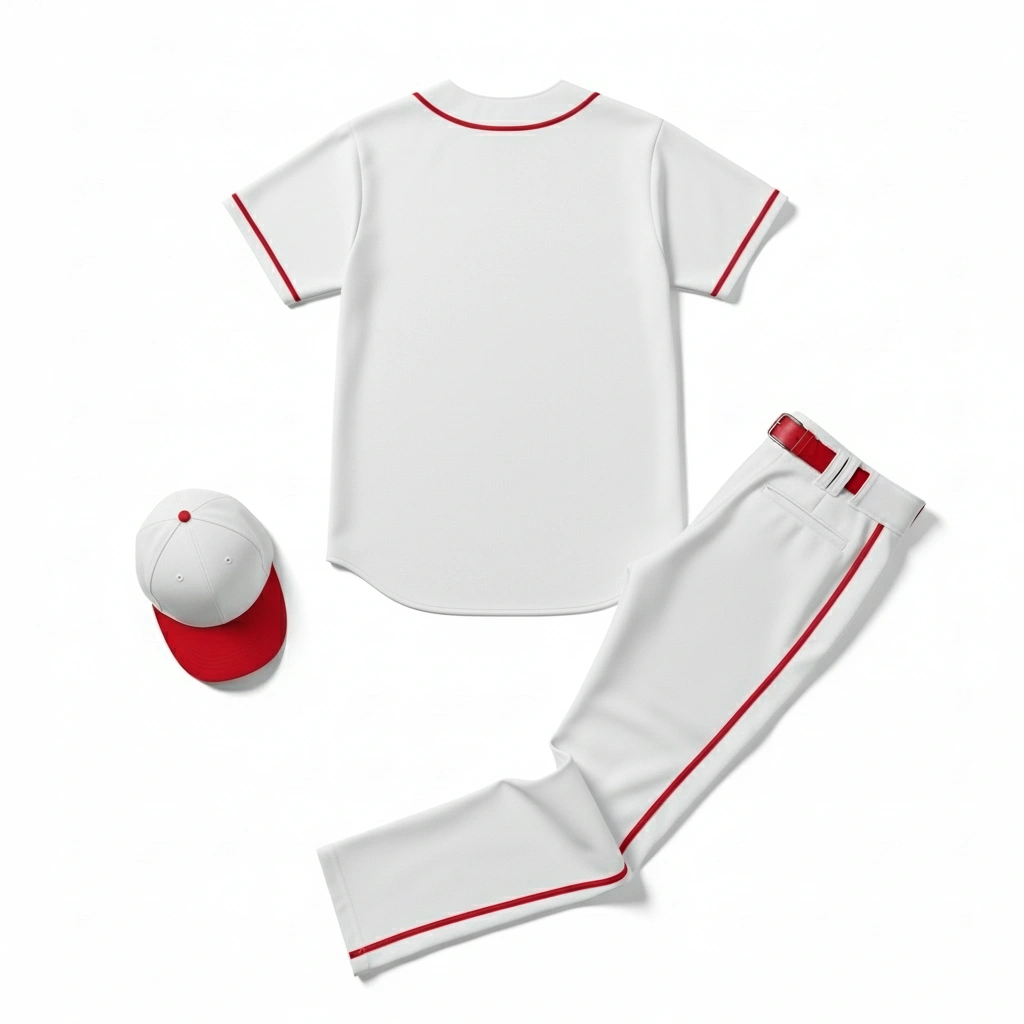 Red baseball uniform front view, athletic sportswear set for men