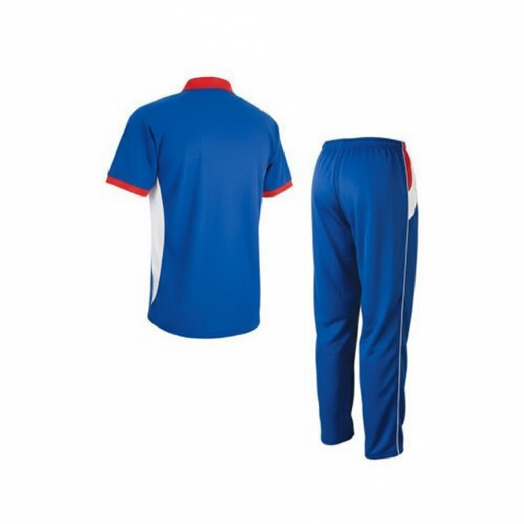 Team Cricket Uniform Set – Blue, Red Dip Wear 2 Team cricket uniform in blue and red Dip Wear design, professional athletic gear for players
