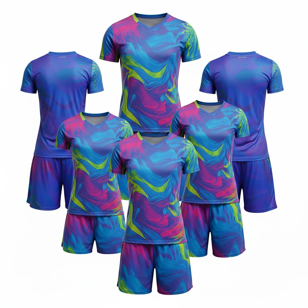 Swirl volleyball uniform set in neon multicolor Dip Wear design, professional athletic gear for players