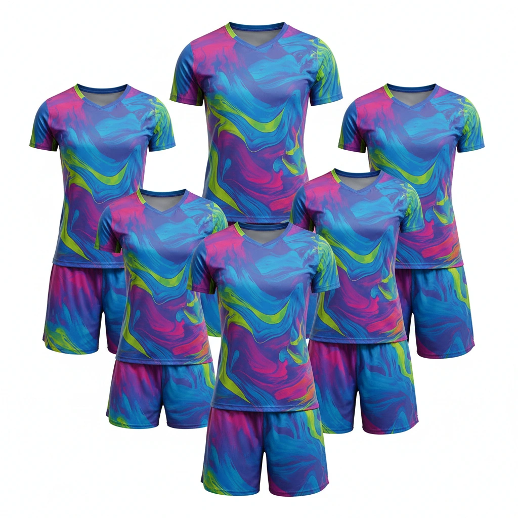 Swirl volleyball uniform set in neon multicolor Dip Wear design, professional athletic gear for players